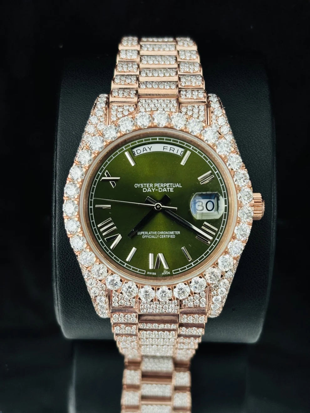 Green Dial Roman Number Iced Out Moissanite Hip Hip Watch