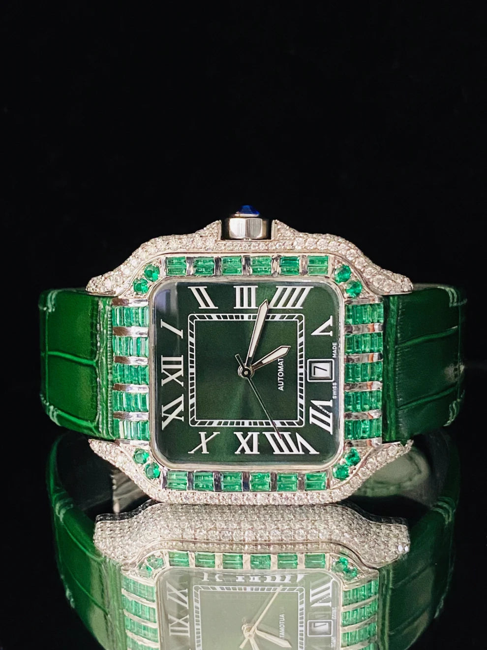 Dark Green Lather Belt Moissanite Roman Number Watch