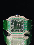 Dark Green Lather Belt Moissanite Roman Number Watch