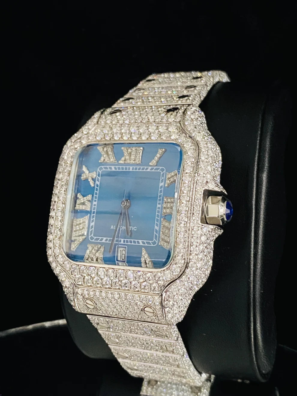 Roman Number Aqua Blue Dial Ice Out Moissanite Watch