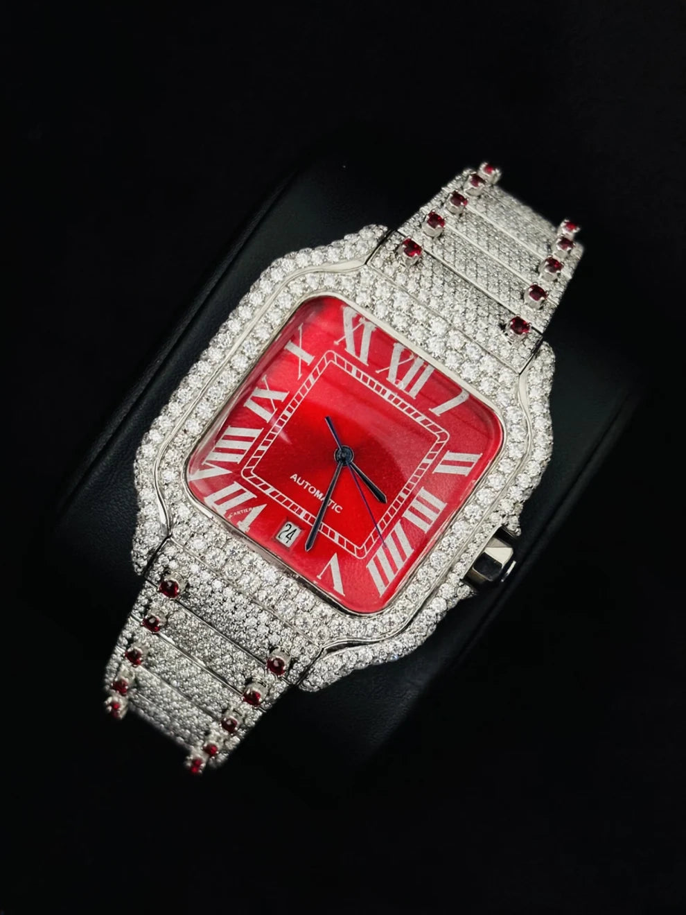 Men's VVS Red Dial Stainless Steel Moissanite Watch