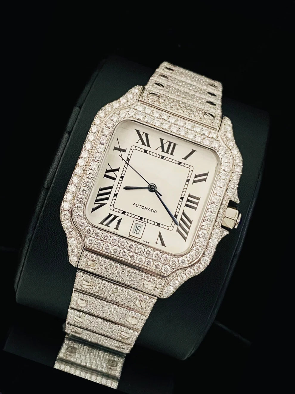 Roman Number Fully Ice Out Moissanite Watch for Men's