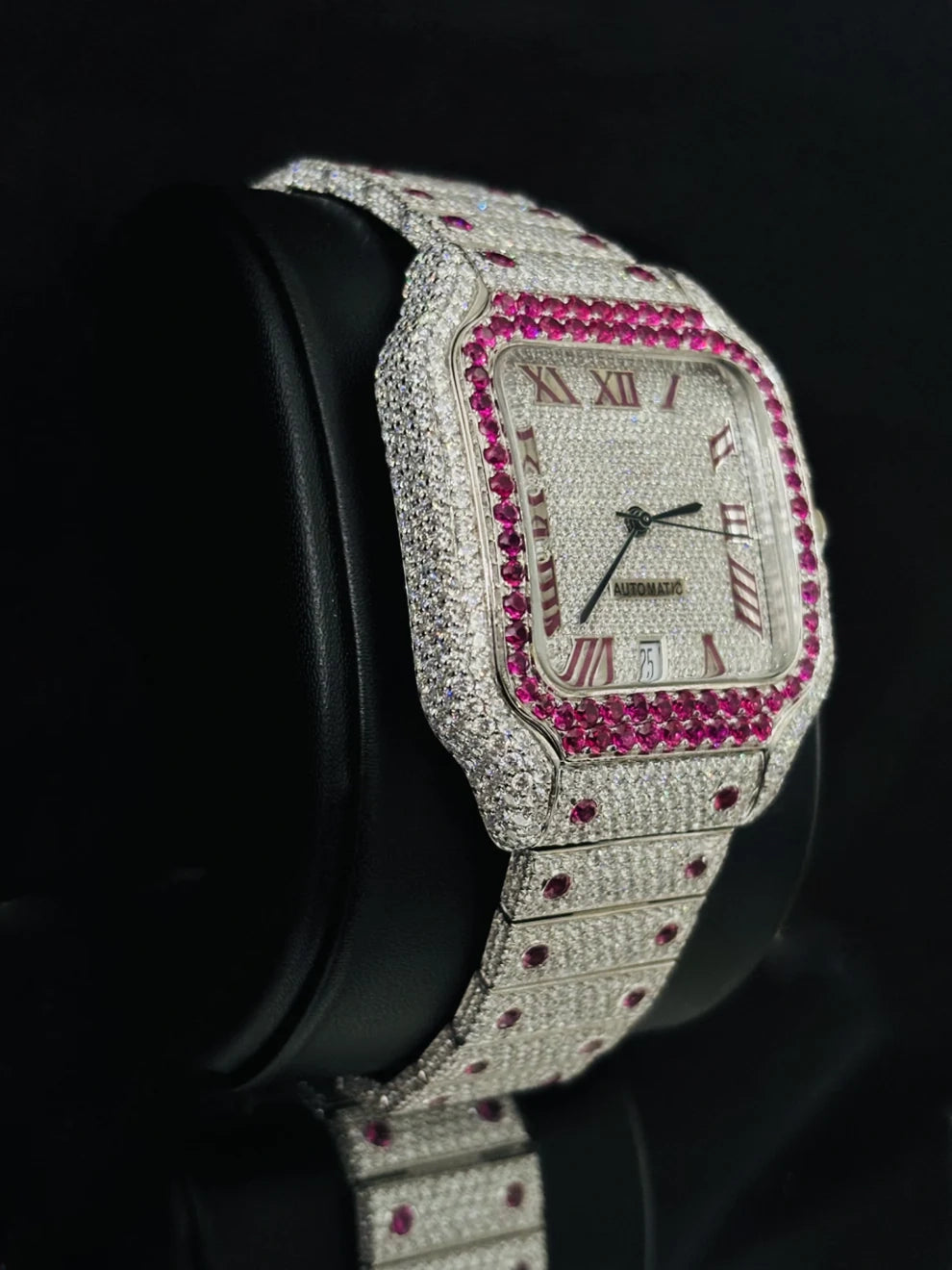 Roman Number Pink Diamond Moissanite Rappers Watch
