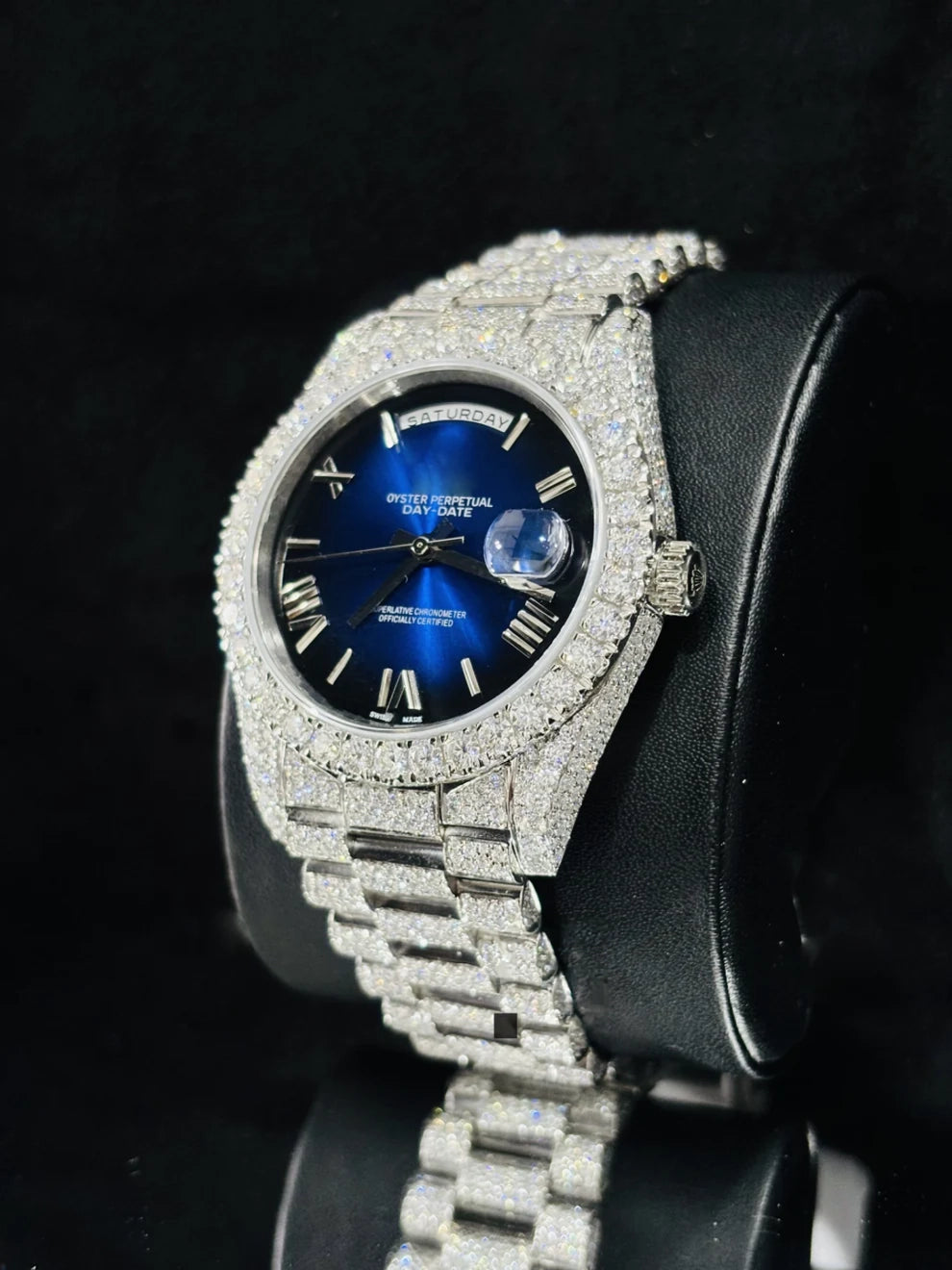 Roman Number Royal Blue Dial Moissanite Rapper Watch
