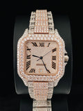 Iced-out Cartier Santos watch in two-tone rose gold and silver fully paved with diamonds