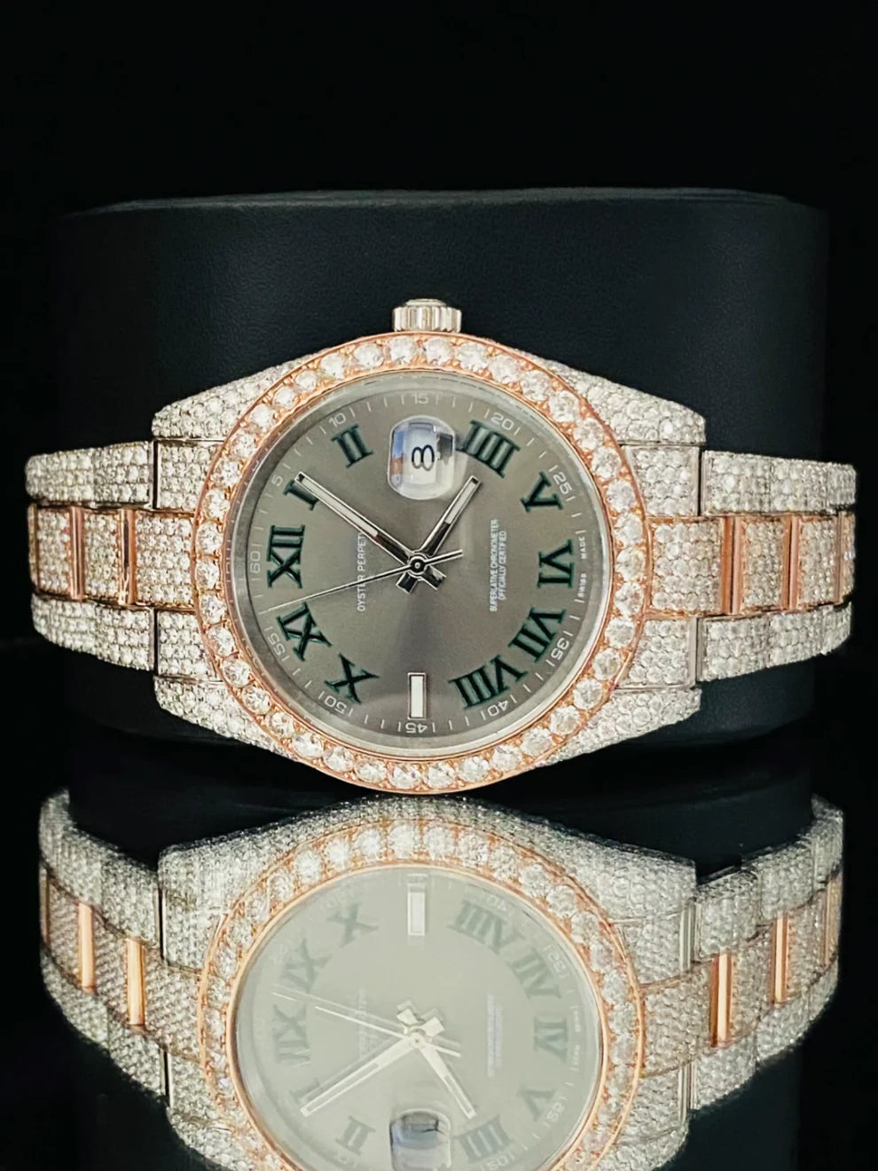 Slate Green Dial Roman Numerals Dual Tone Moissanite Watch