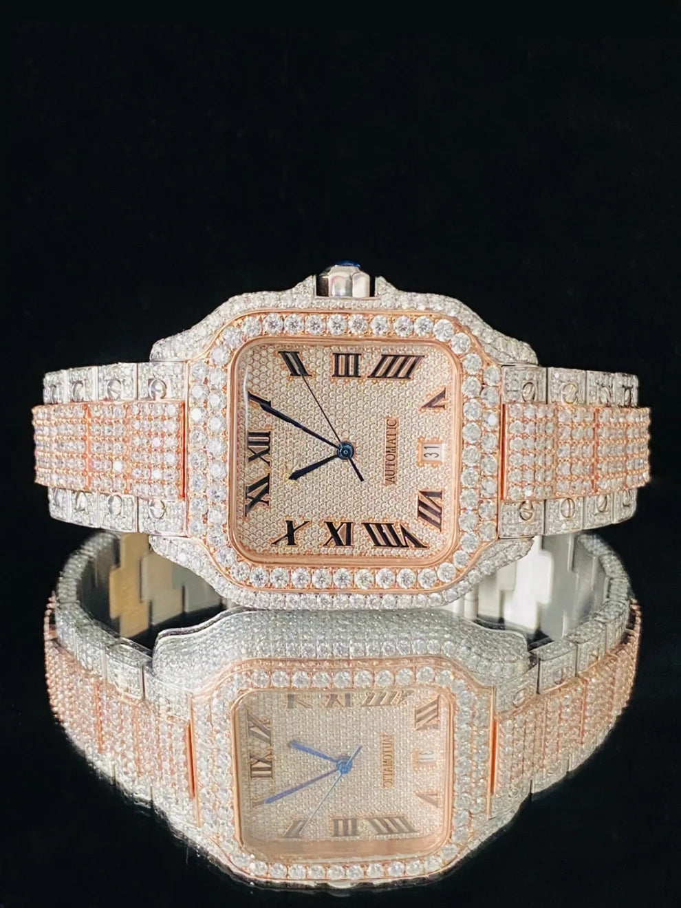 Roman Number Two Tone Moissanite Studded Diamond Watch