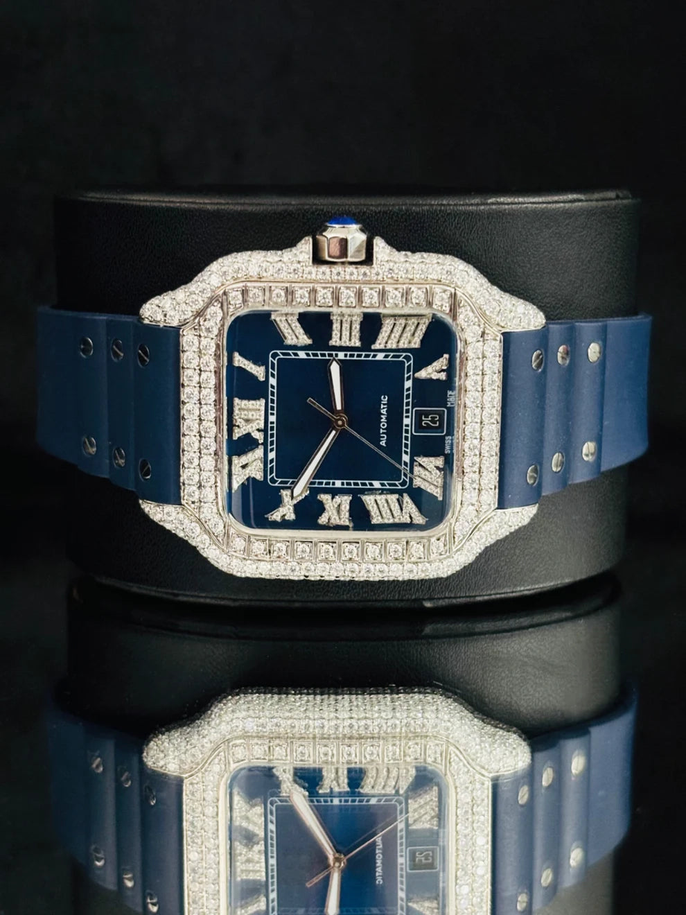 Silicone Rubber Strap and Blue Bezel Dial Moissanite Watch