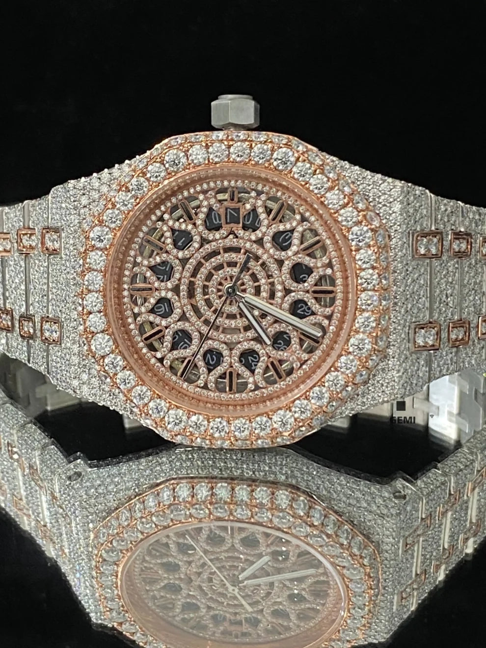 Two Tone Rose Gold Plated Skeleton Dial Moissanite Watch
