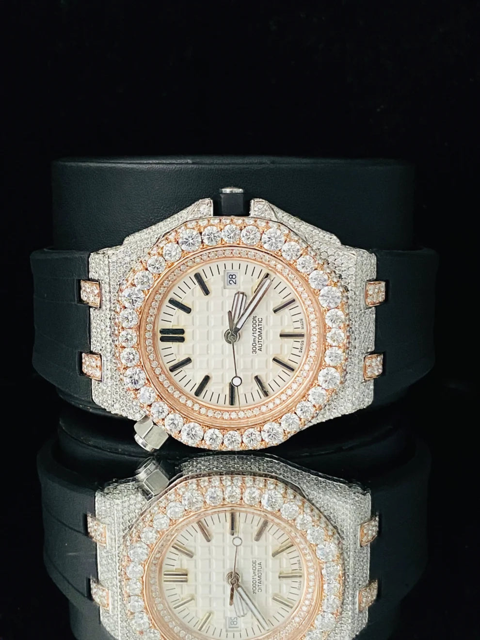 Black Silicon Strap Iced Hip Hop Moissanite Bling Watch