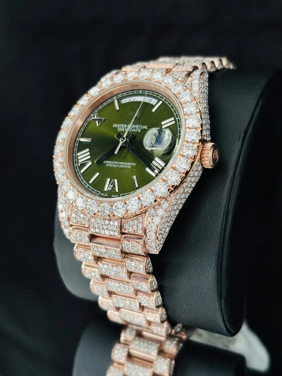 Green Dial Roman Number Iced Out Moissanite Hip Hip Watch