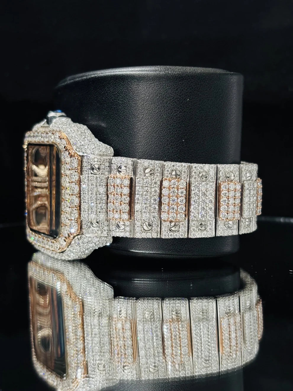 Men Dual Ton Skeleton Dial Fully Ice Out Moissanite Watch