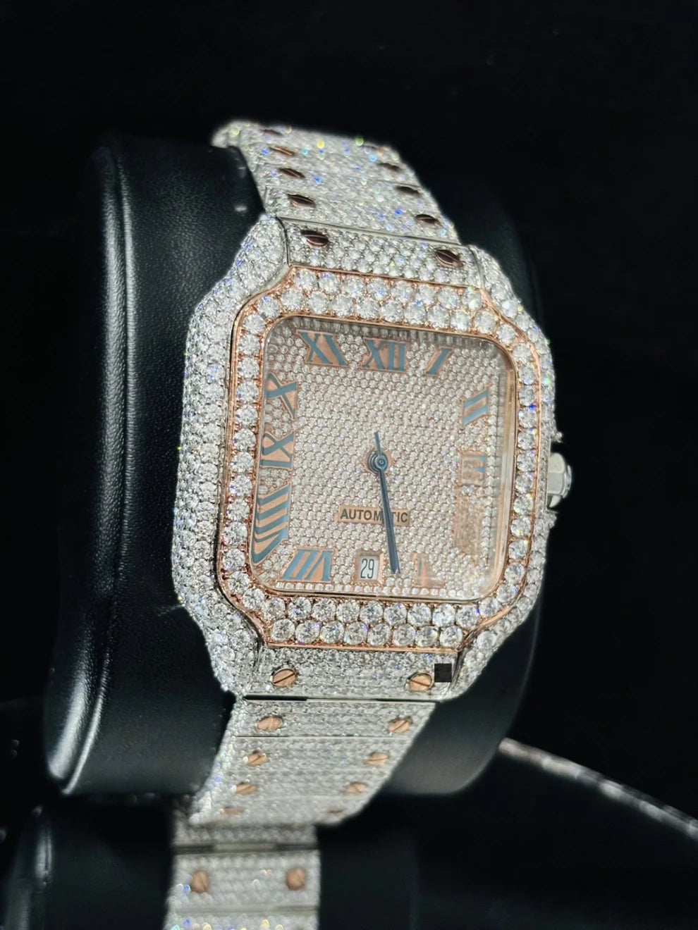 Two Tone Sky Blue Roman Number Moissanite Watch
