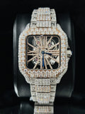 front view Fully iced-out custom skeleton dial dress watch featuring diamond-encrusted bezel and watch
