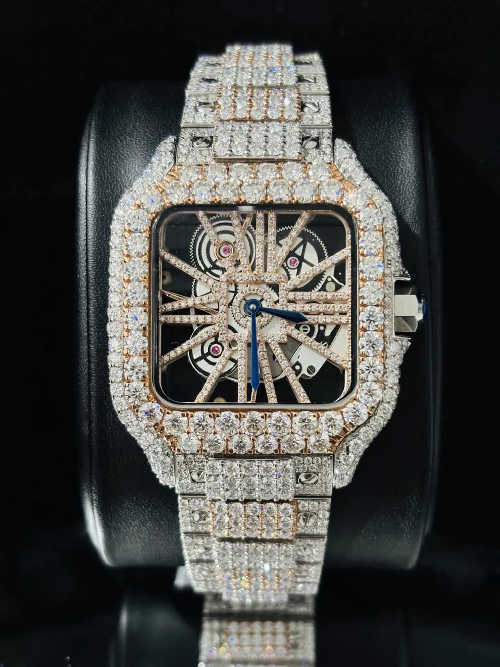 Men Dual Ton Skeleton Dial Fully Ice Out Moissanite Watch