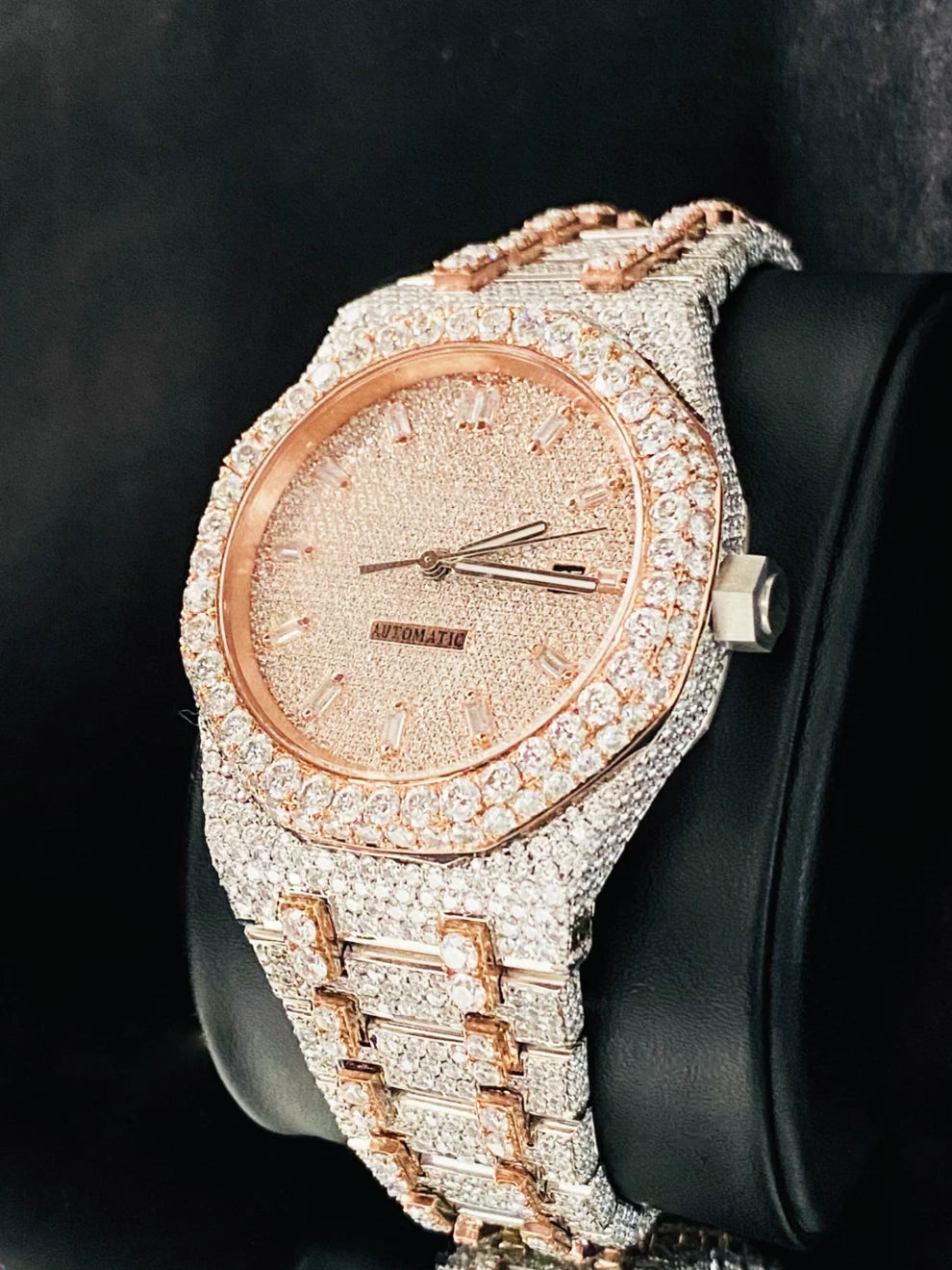 Two Tone Baguette Bar Fully Studded Moissanite Watch