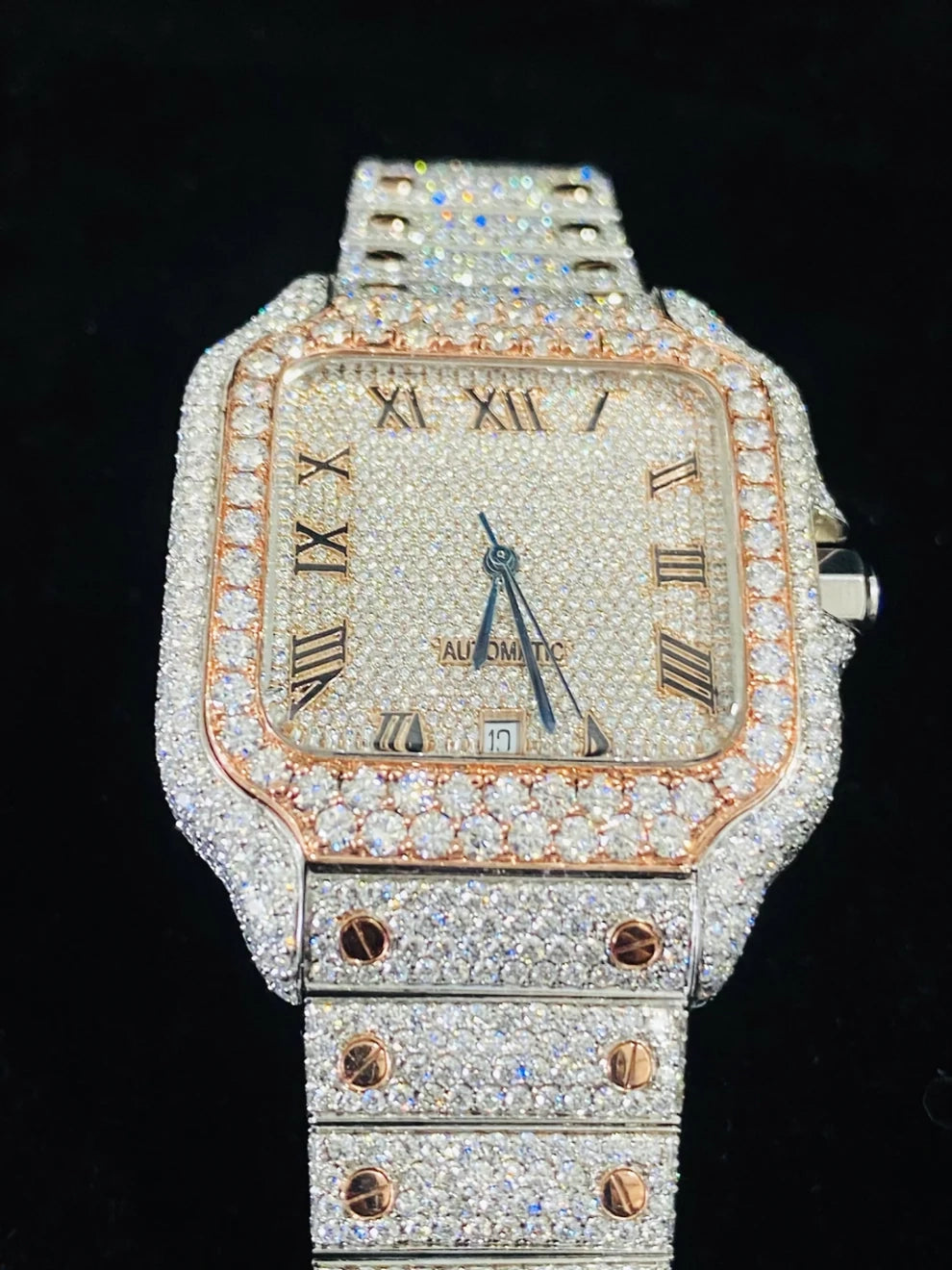 Classic Fully Iced Out Two Tone Roman Dial Moissanite Watch
