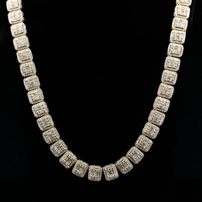 Men's luxury yellow gold tennis chain necklace with square baguette diamond clusters