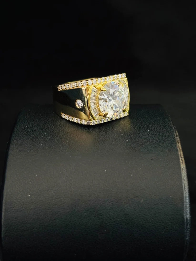 Men's gold plated diamond cluster ring with large round solitaire and baguette accents