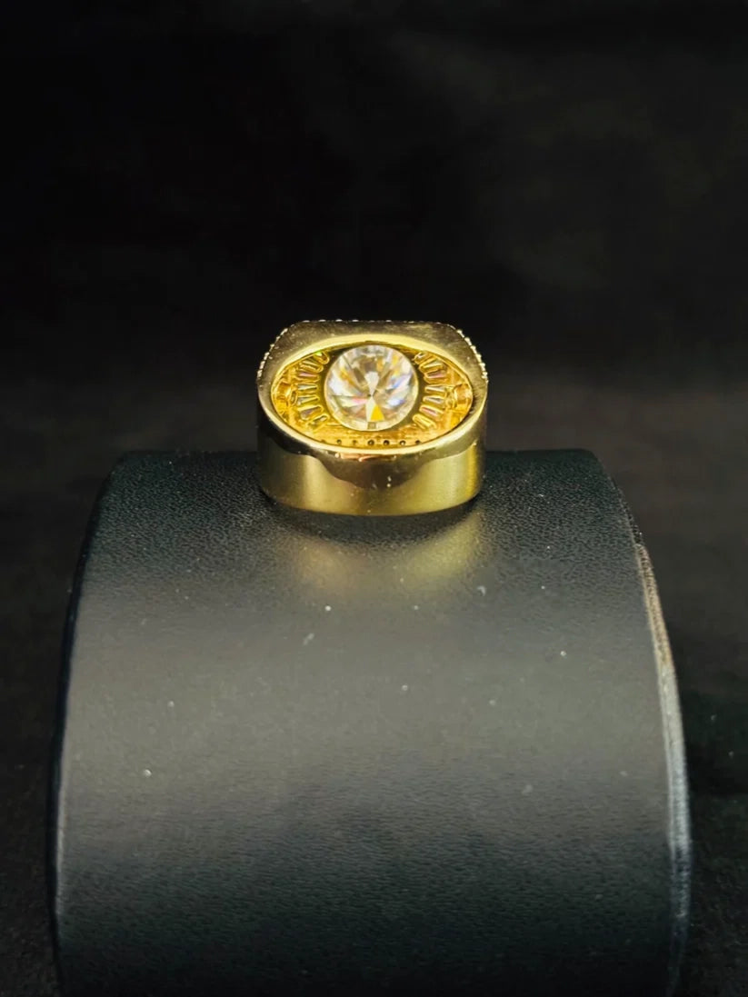 A back view Gold plated men's signet ring with large round diamond center stone