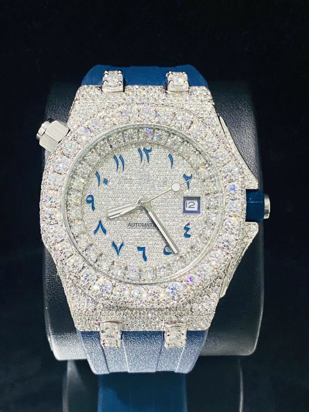 Big Bezel Moissanite Royal Blue Silicon Belt Watch