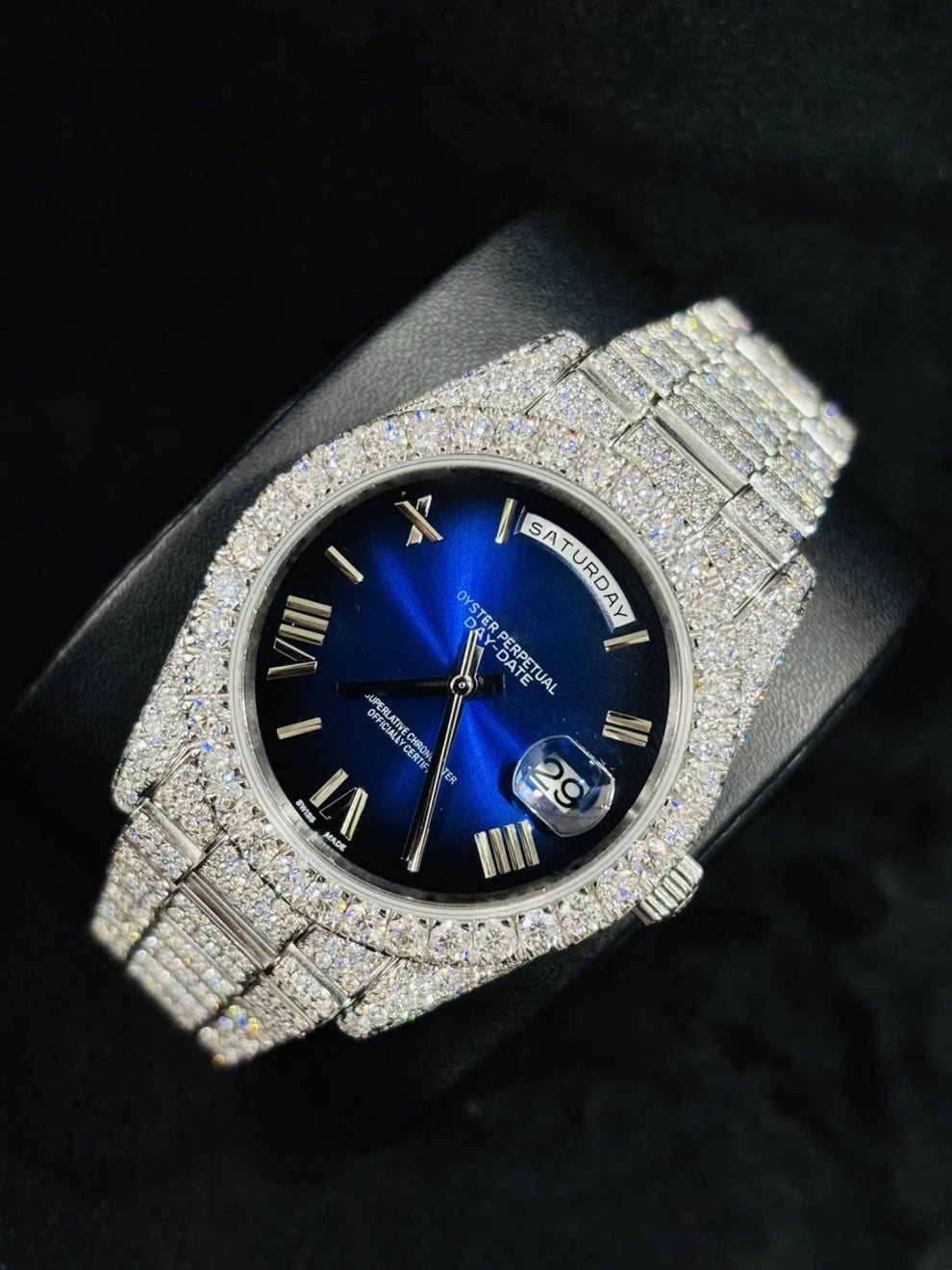 Roman Number Royal Blue Dial Moissanite Rapper Watch