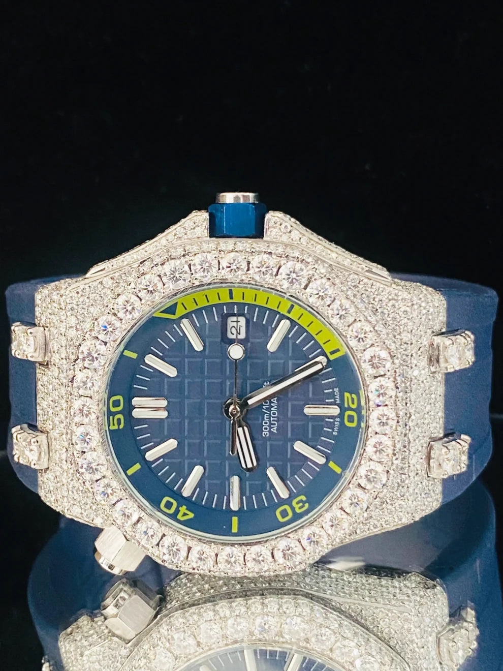 Dark Royal Blue Silicon Rubber Strap Bezel Dial Moissanite Watch