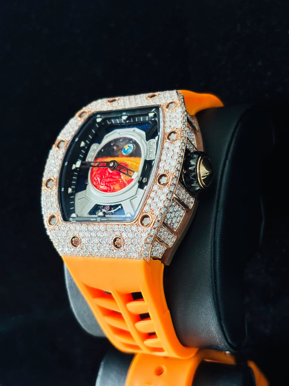 Orange Silicon Fully Ice Out Moissanite Stainless Steel Watch