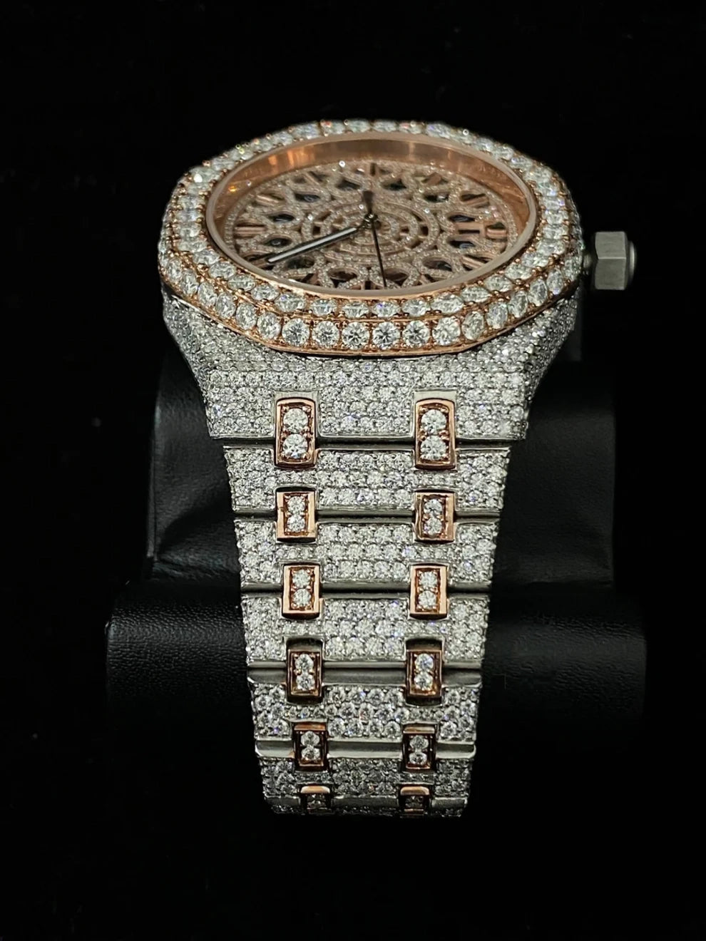 Two Tone Rose Gold Plated Skeleton Dial Moissanite Watch