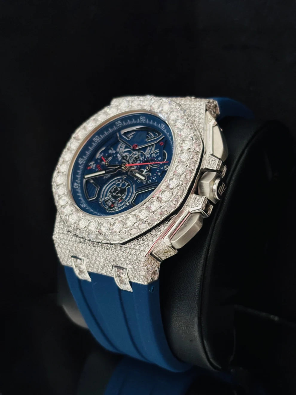 Skeleton Dial Blue Silicon Strap Iced Out Moissanite Watch