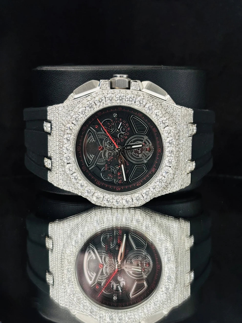 Black Rubber Strap Big Bezel Moissanite Hip Hop Watch