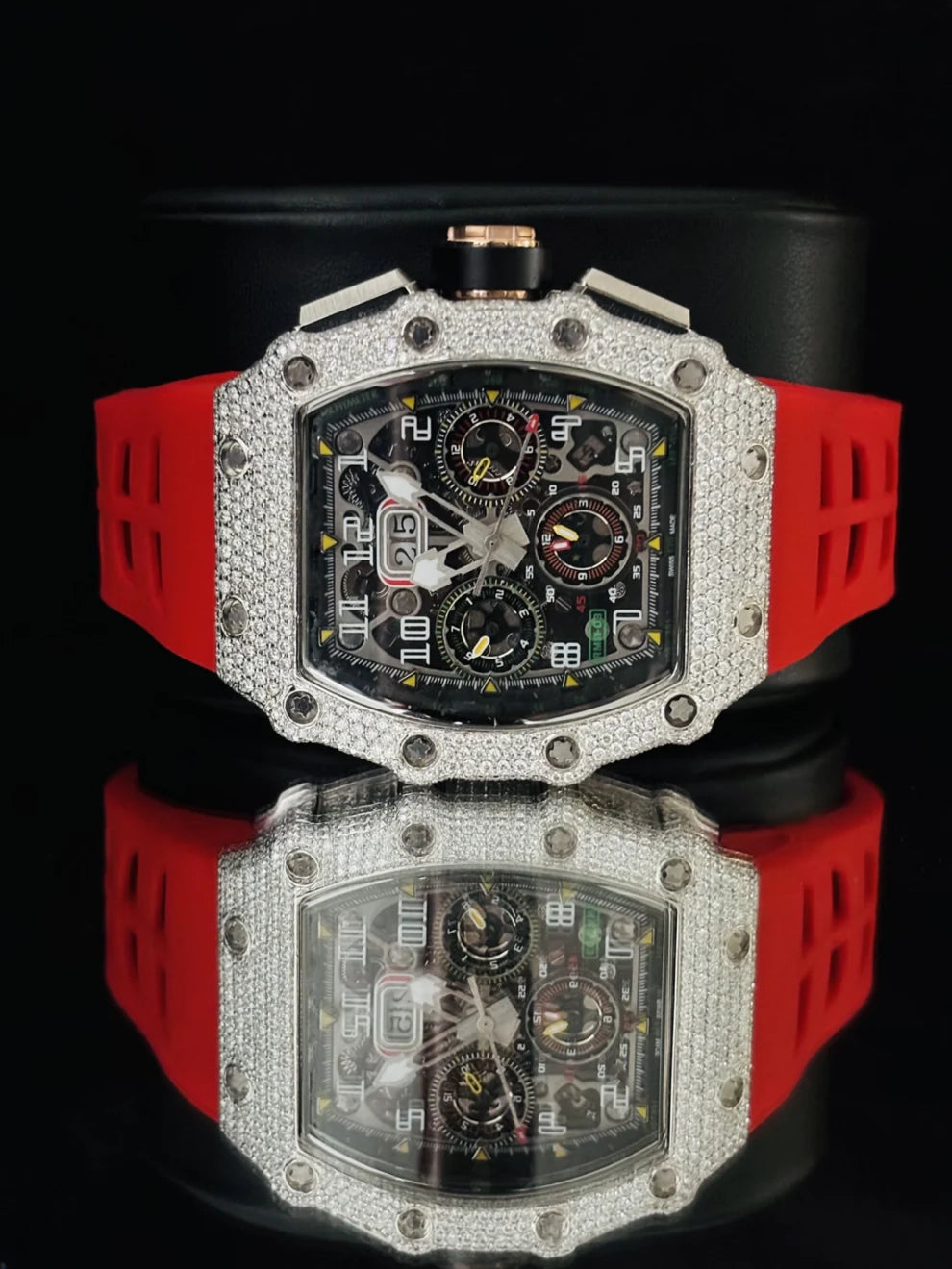 Red Silicon Ice Out Skeleton Dial Moissanite Rappers Watch