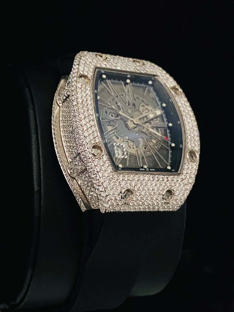 Black Silicon Or Rubber Belt Fully Ice Out Moissanite Watch