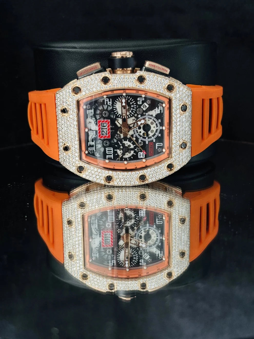 Orange Silicon Strap Skeleton Dial Moissanite Watch