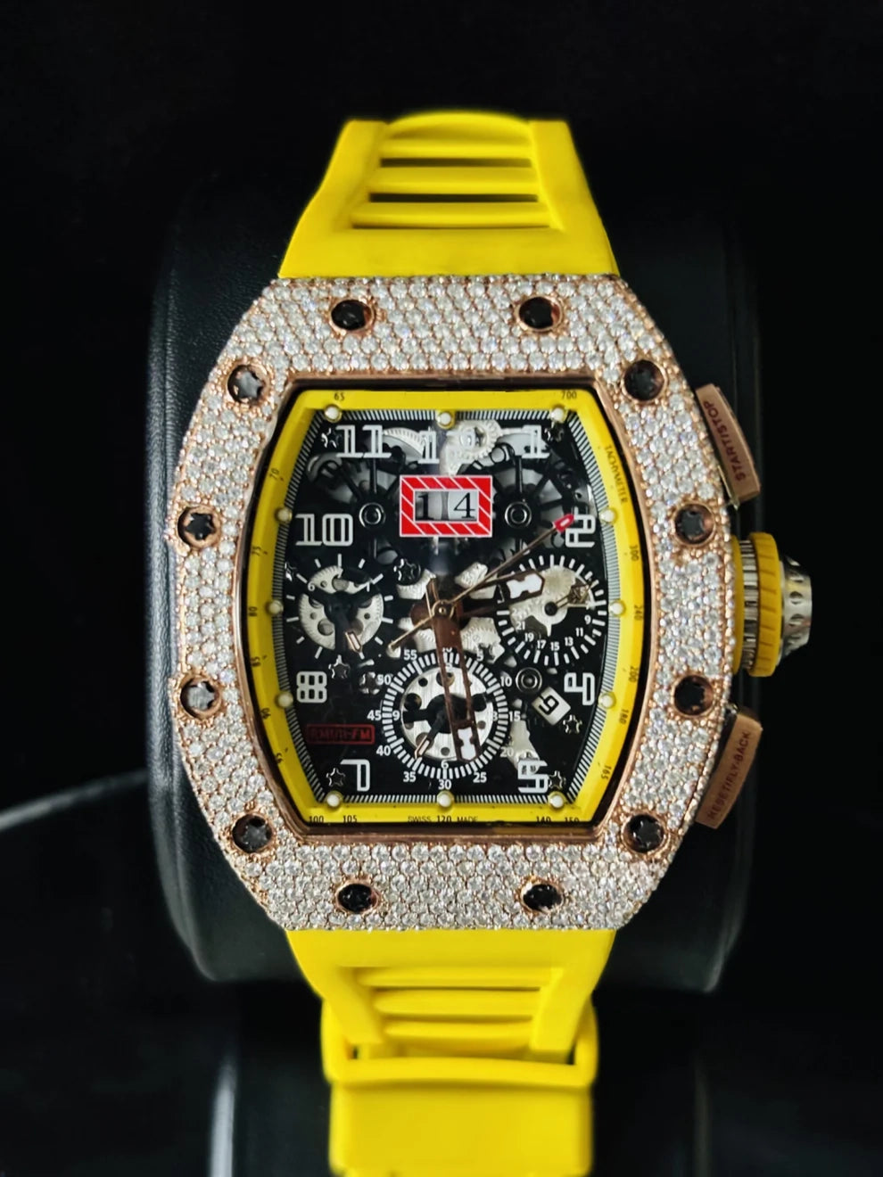 Skeleton Dial Yellow Rubber Strap Moissanite Watch For Men
