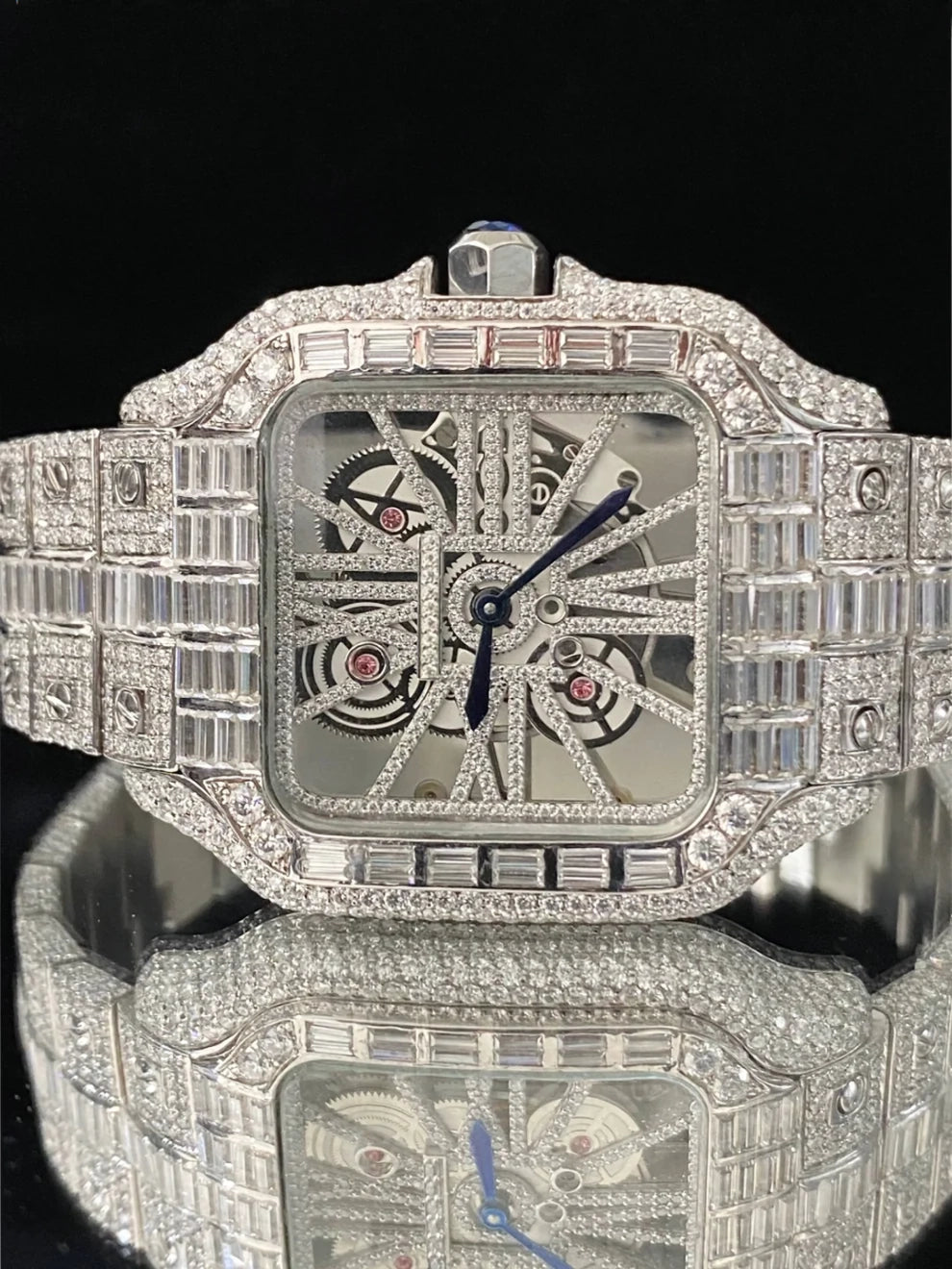 Fully Iced Out Skeleton Dial Baguette Diamond Moissanite Watch