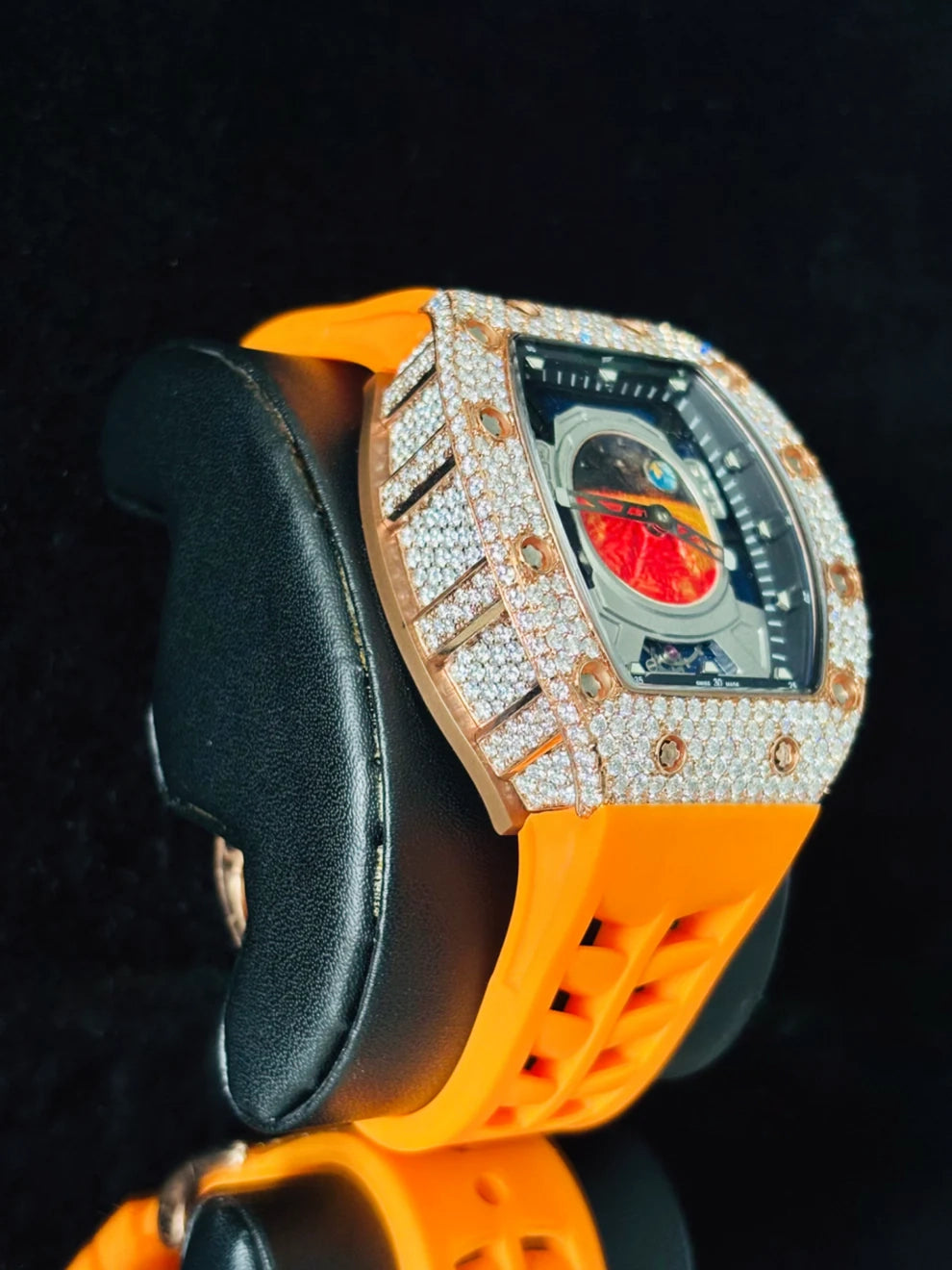 Orange Silicon Fully Ice Out Moissanite Stainless Steel Watch