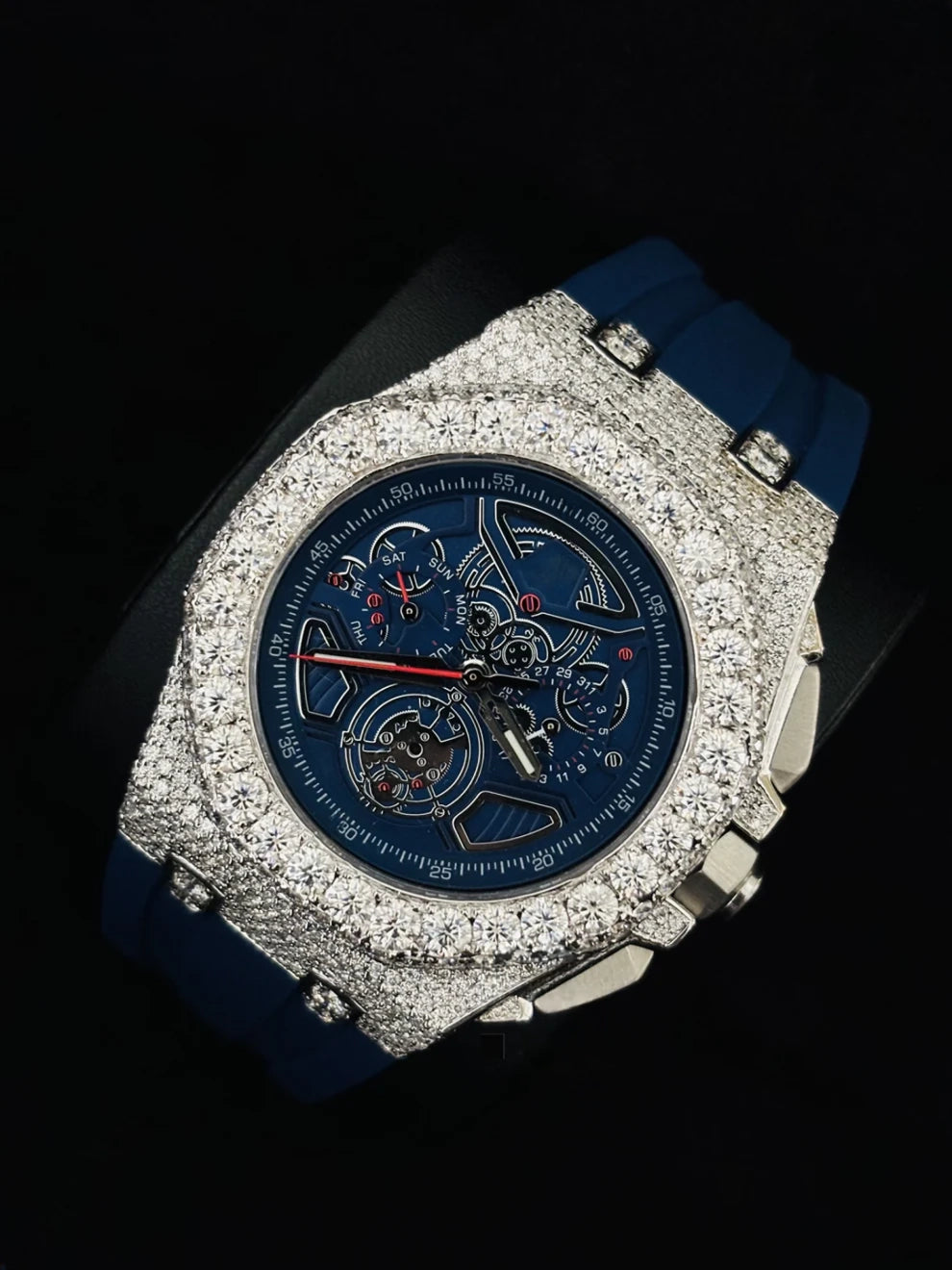 Skeleton Dial Blue Silicon Strap Iced Out Moissanite Watch