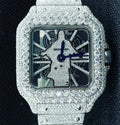 front view Custom iced-out diamond watch featuring a pavé Jesus Christ silhouette skeleton dial