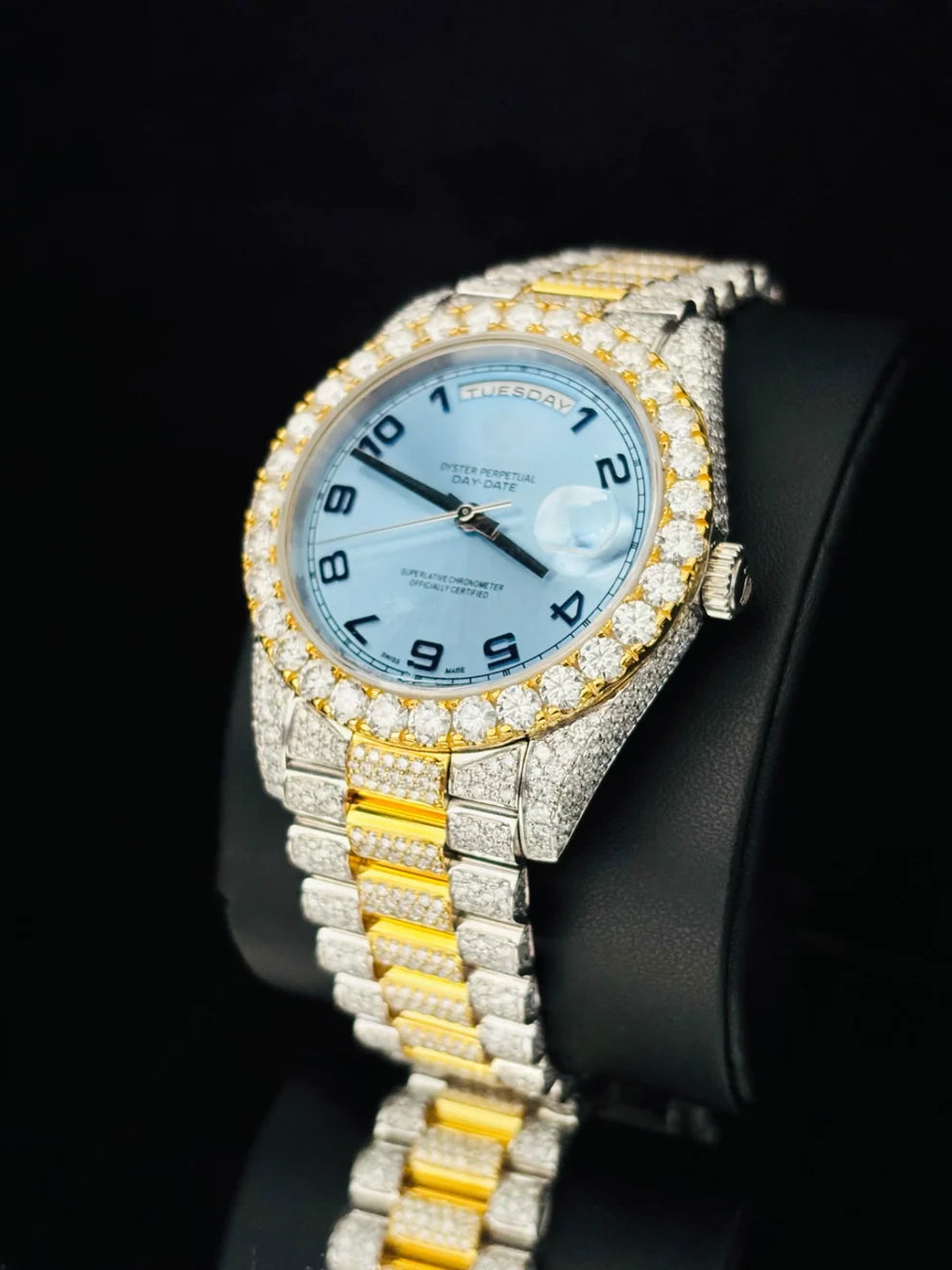 Dual Tone Day Date Sky Blue Dial Moissanite Watch