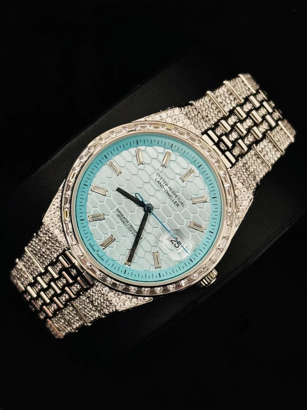 Sky Blue Dial Fully Ice Baguette Bar Moissanite Watch