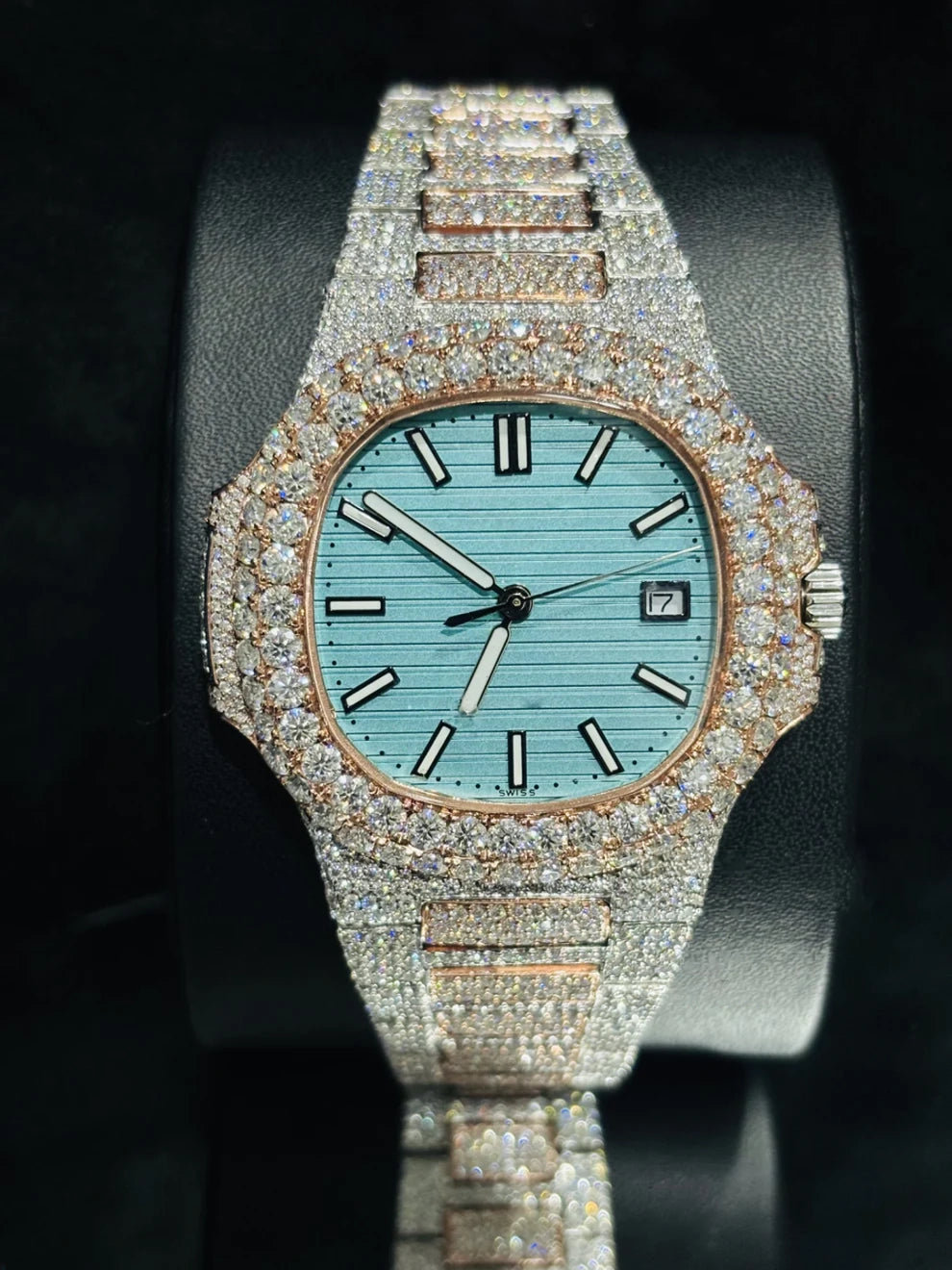 41MM Dual Tone Sky Blue Dial Iced Out Moissanite Watch