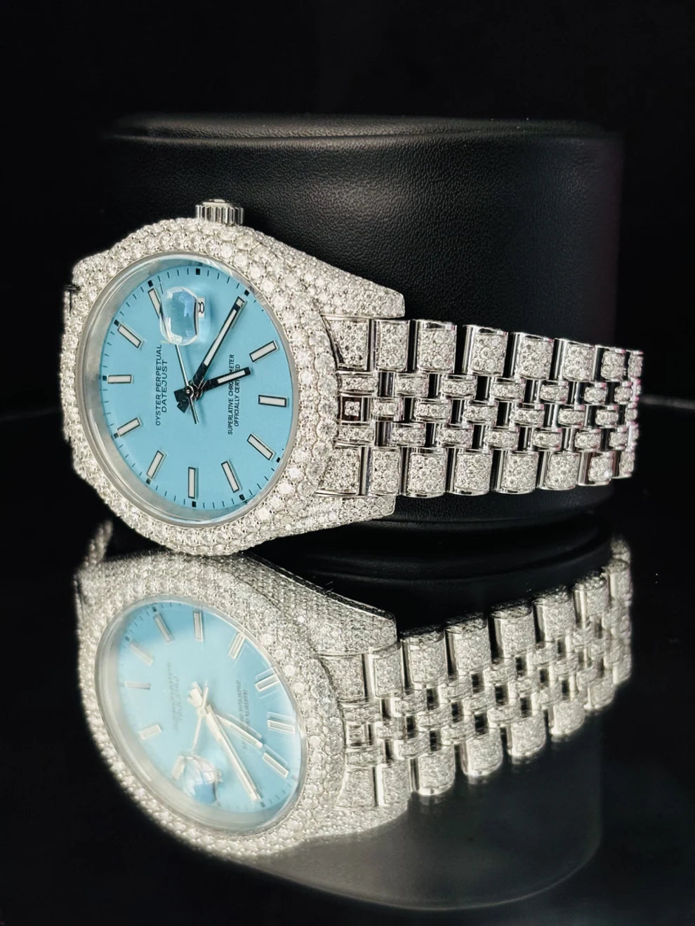 Luxury Men's Stainless Steel Sky Blue Dial Iced Out Watch