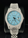 front view of the Custom diamond Rolex Datejust watch with a Tiffany blue dial.