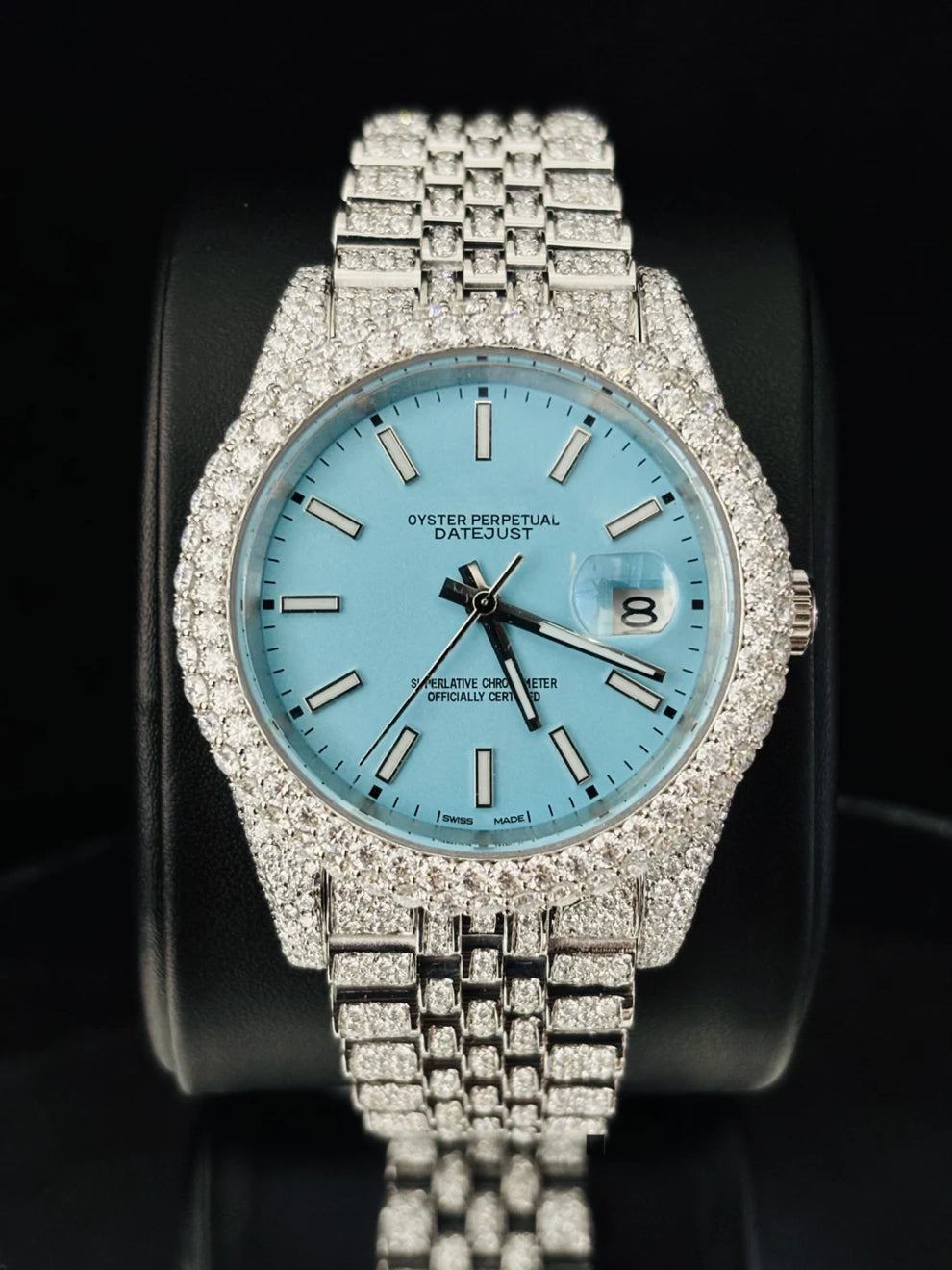 Luxury Men's Stainless Steel Sky Blue Dial Iced Out Watch