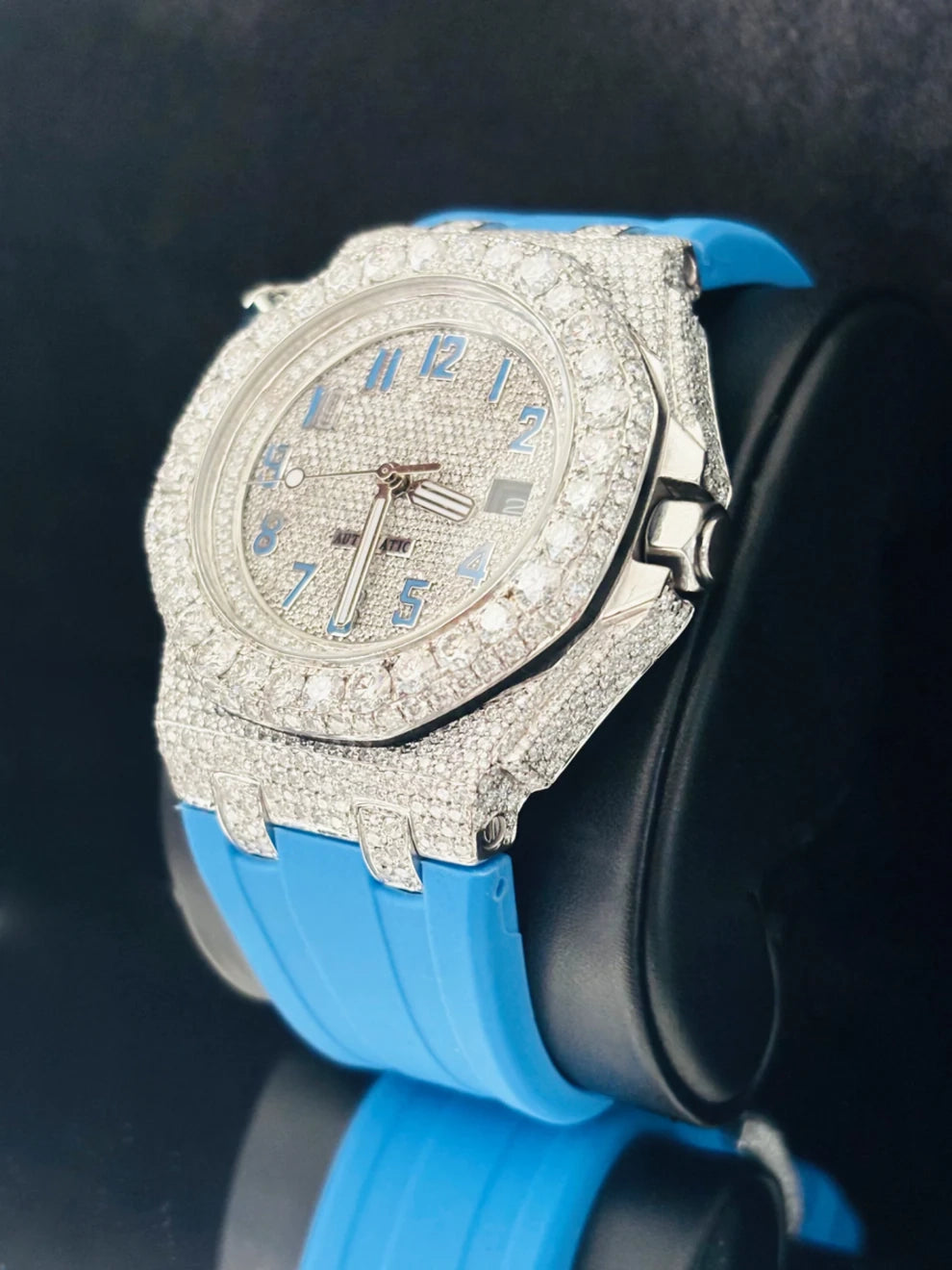 Sky Blue Silicon Straps Moissanite Bust Down Diamond Watch