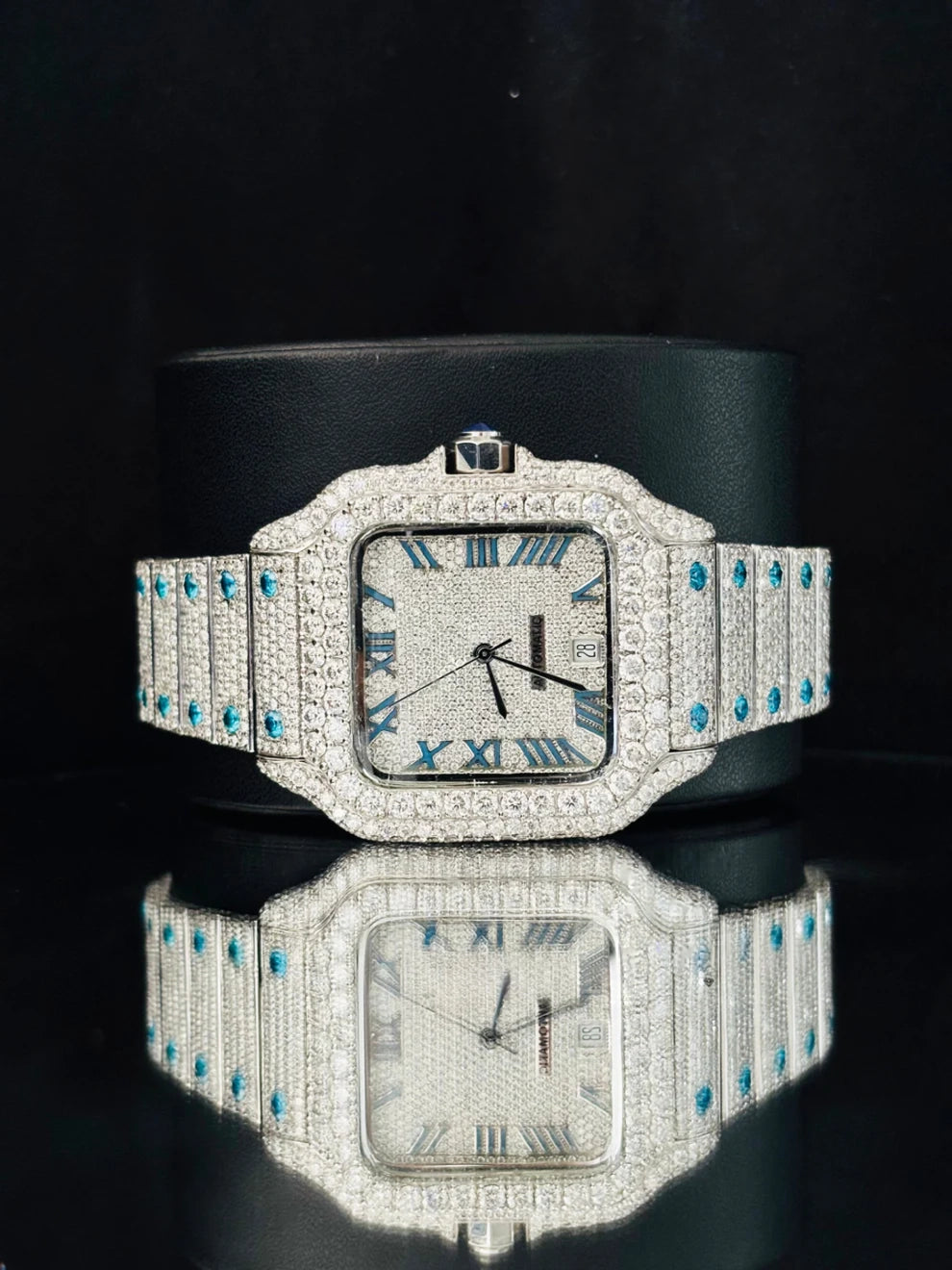 Men Sky Blue Roman Number Fully Studded Moissanite Watch