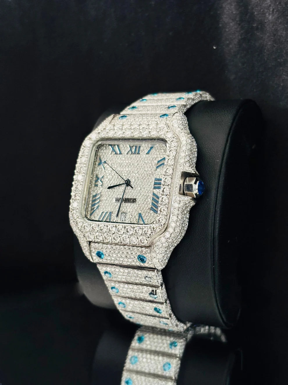 Men Sky Blue Roman Number Fully Studded Moissanite Watch