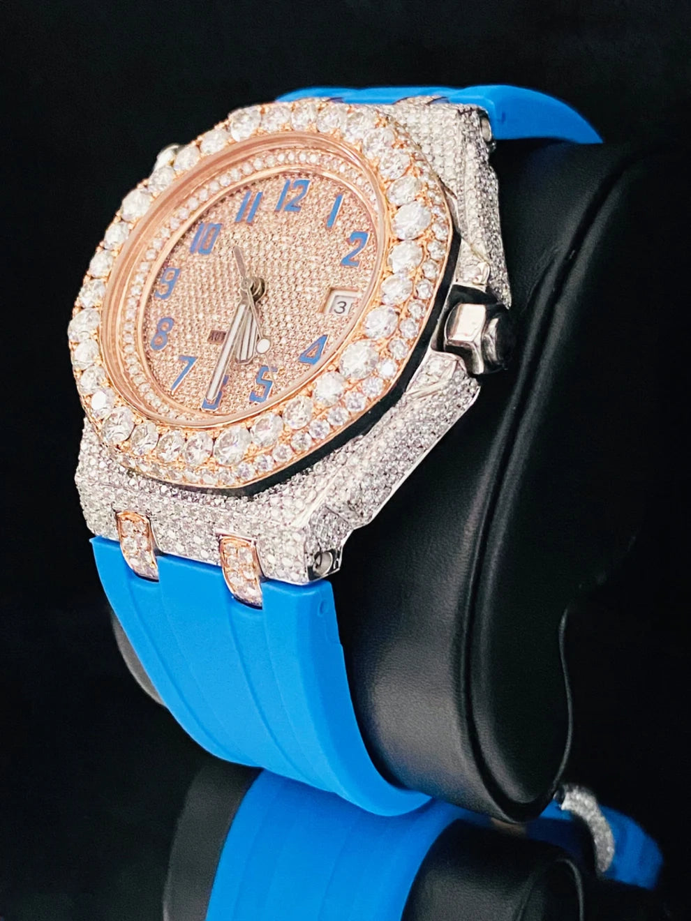 Fully Face Dial Sky Blue Silicon Strap Moissanite Watch