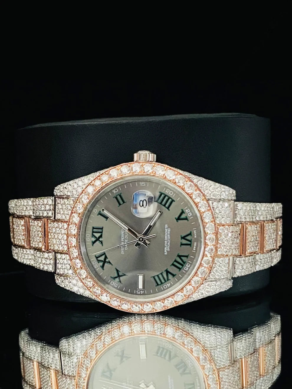 Slate Green Dial Roman Numerals Dual Tone Moissanite Watch